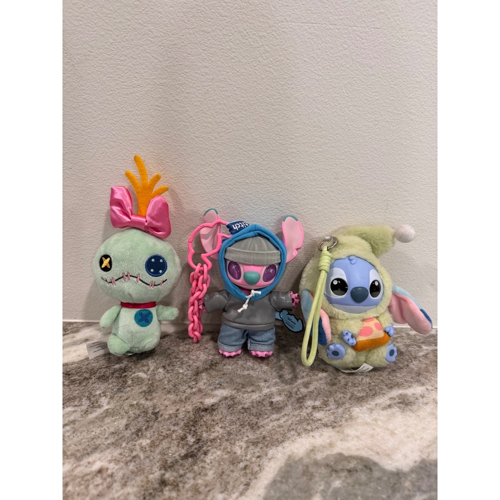 Disney Stitch & Scrump Miniso Plush Keychain Lot 3pc Gen Z Street Sleep Pizza